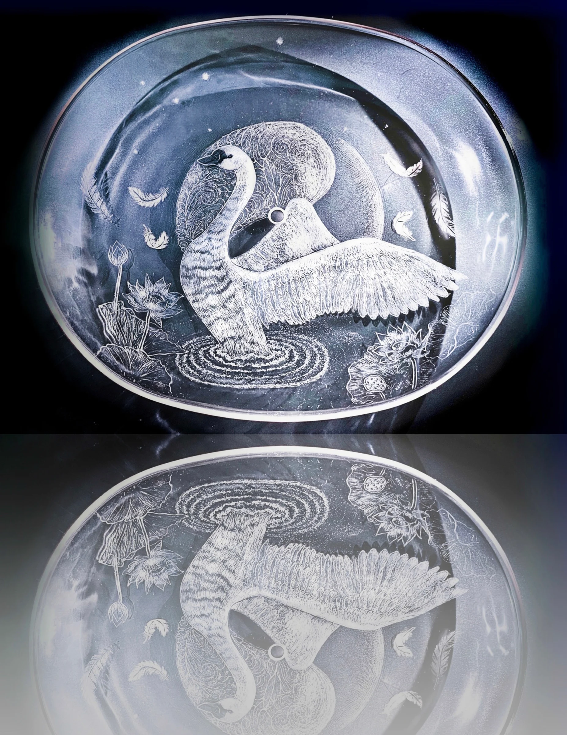 Dawn — Swan engraved on a glass oval plate (three-tier set) by Neo Vidro